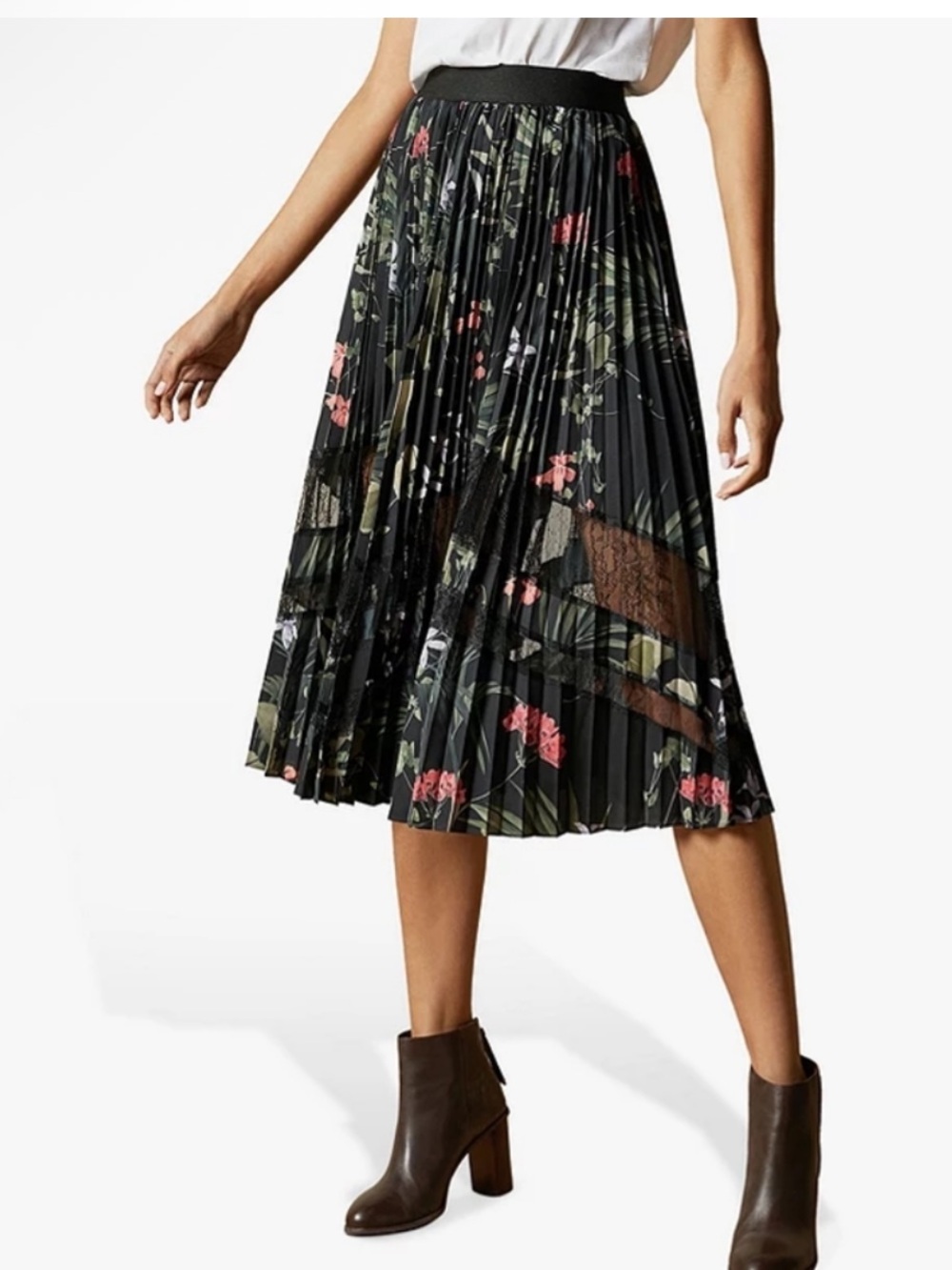Ted Baker Black Pleated Midi Skirt with Pink & Green Floral Print